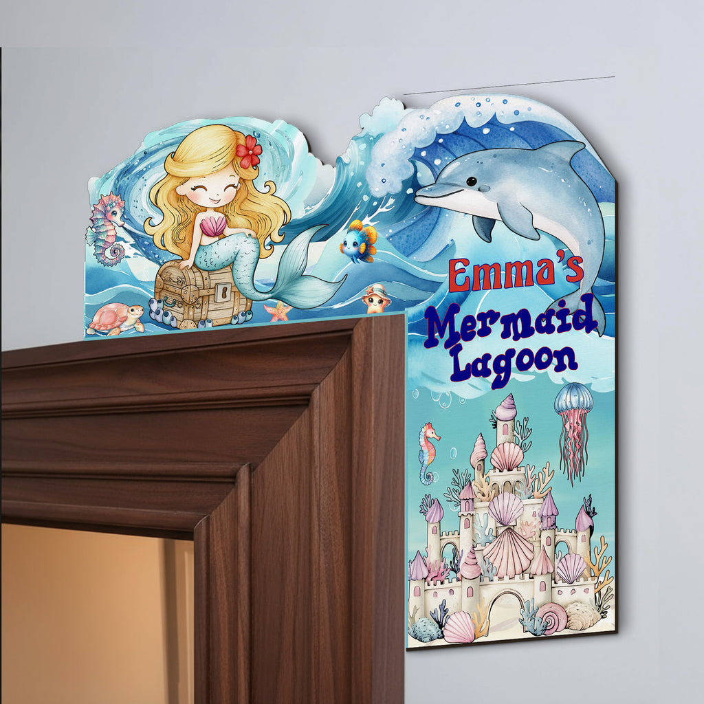 PERSONALIZED Wooden Door Corner | CUSTOM Door Topper Name Plate for KIDS | Single/Double Layer | 10” & 15” Sizes | Mermaid
