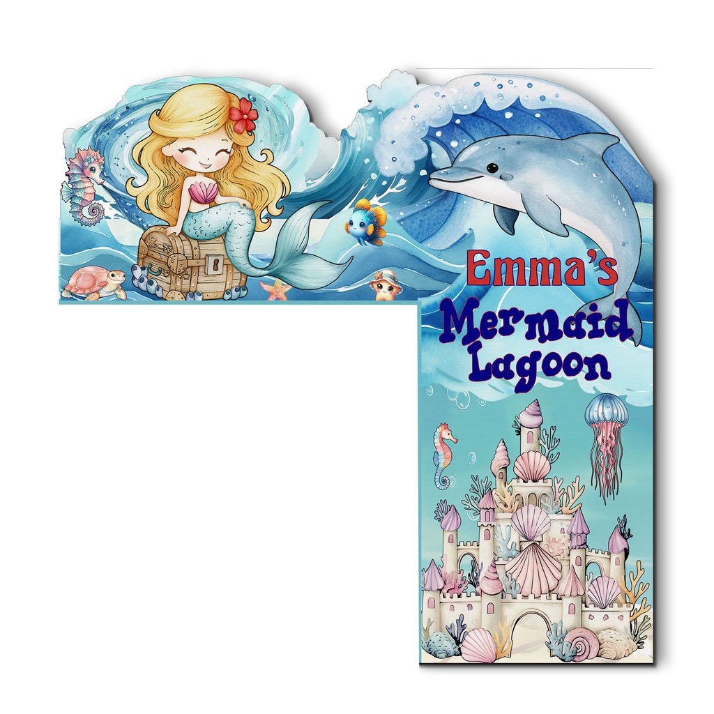 PERSONALIZED Wooden Door Corner | CUSTOM Door Topper Name Plate for KIDS | Single/Double Layer | 10” & 15” Sizes | Mermaid