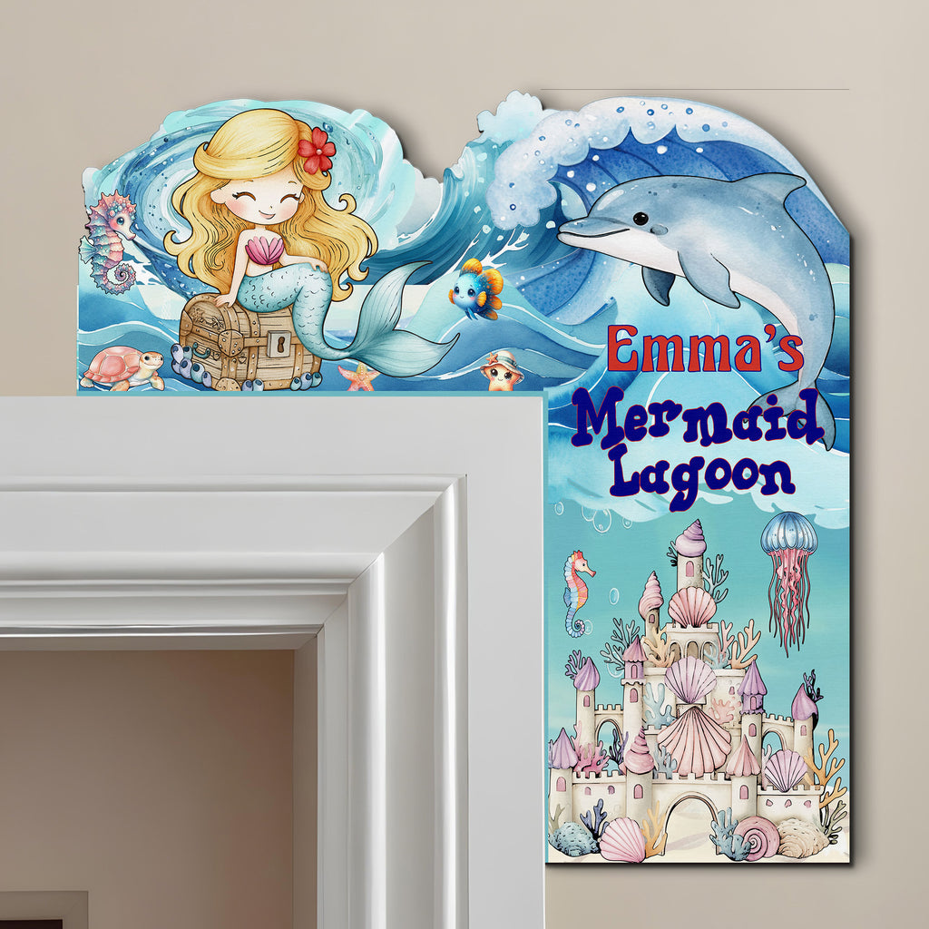 PERSONALIZED Wooden Door Corner | CUSTOM Door Topper Name Plate for KIDS | Single/Double Layer | 10” & 15” Sizes | Mermaid