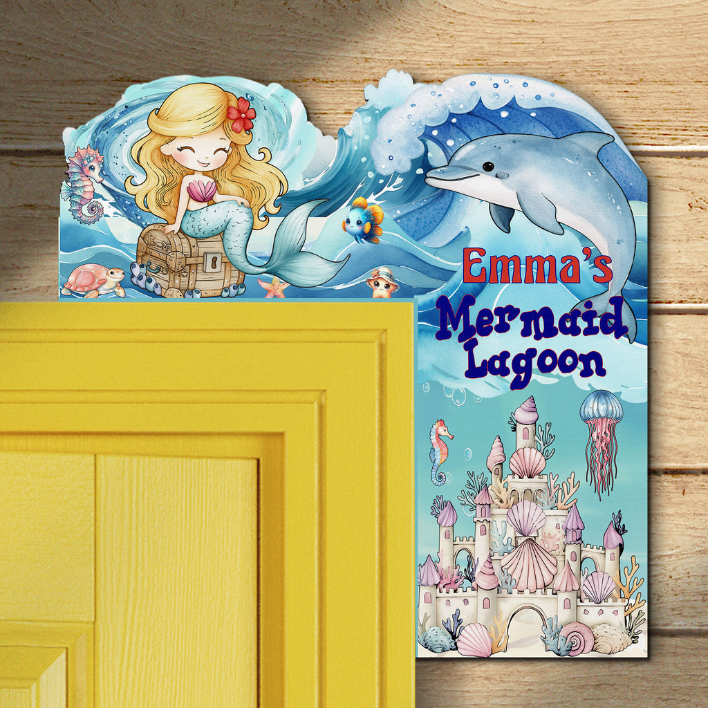 PERSONALIZED Wooden Door Corner | CUSTOM Door Topper Name Plate for KIDS | Single/Double Layer | 10” & 15” Sizes | Mermaid