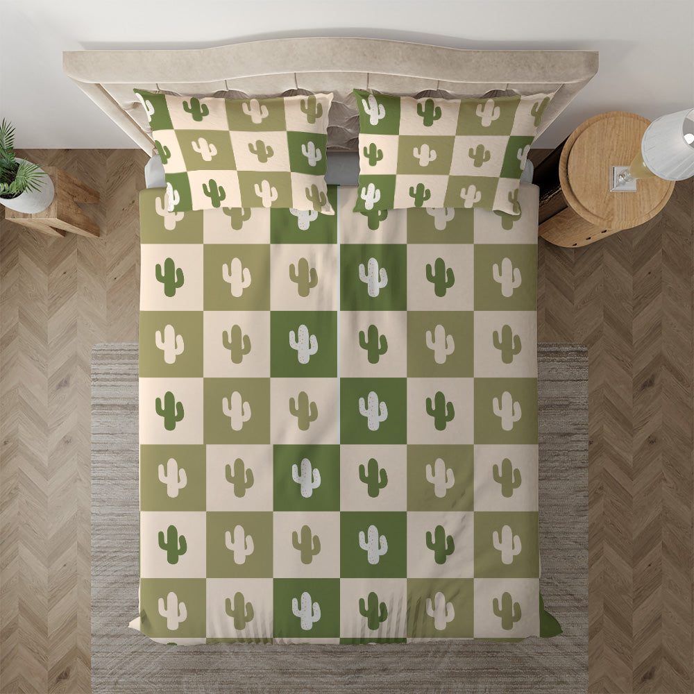 Retro Desert Cactus bedding displayed at an angle on a bed