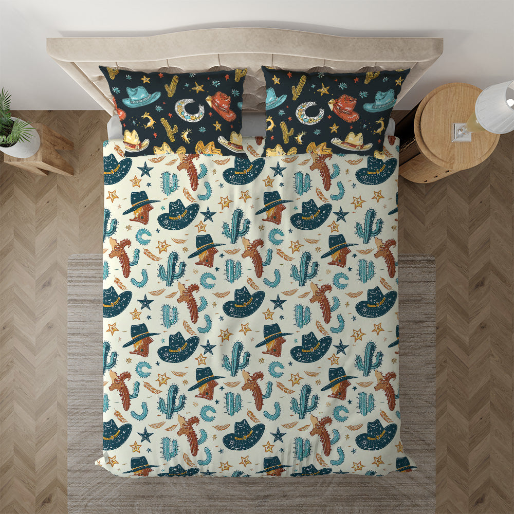 Western Cowboy Hat bedding displayed at an angle on a bed