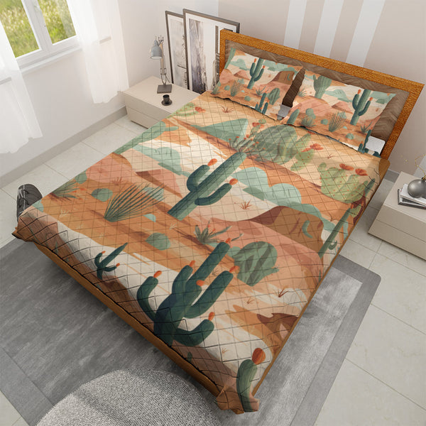 Quilted Bedding Set | Bright Colorful Vibrant Comforters | Mexican Desert Cactus Bedspreads with matching Pillowcase