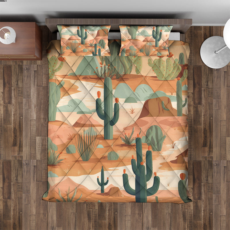 Quilted Bedding Set | Bright Colorful Vibrant Comforters | Mexican Desert Cactus Bedspreads with matching Pillowcase