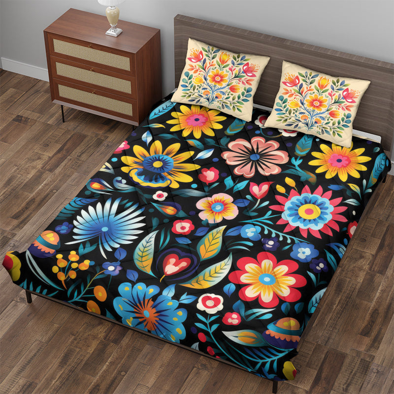 Quilted Bedding Set | Bright Floral Colorful Comforters | Vibrant Mexican Bedspreads with matching Pillowcase