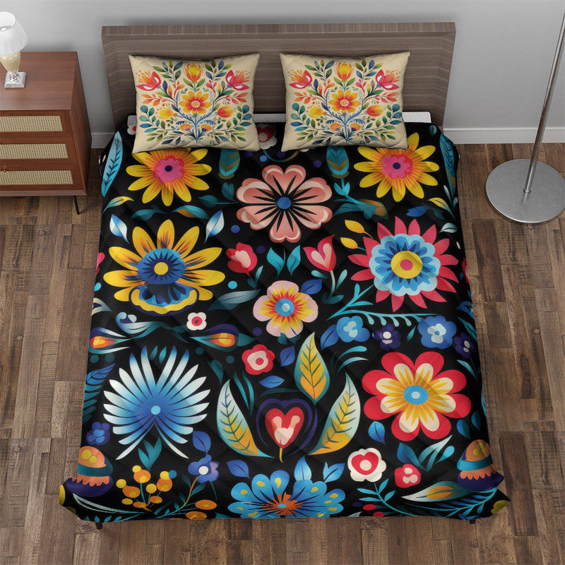 Quilted Bedding Set | Bright Floral Colorful Comforters | Vibrant Mexican Bedspreads with matching Pillowcase