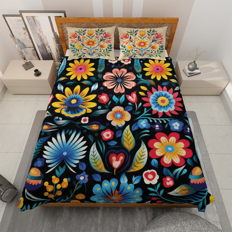 Quilted Bedding Set | Bright Floral Colorful Comforters | Vibrant Mexican Bedspreads with matching Pillowcase