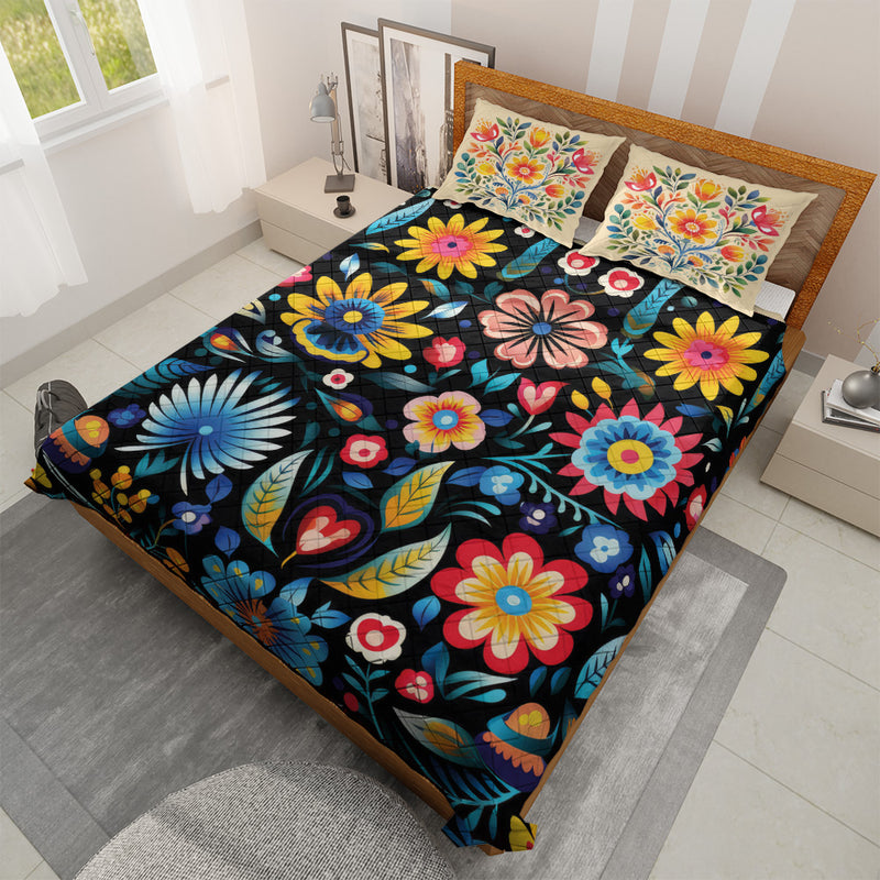 Quilted Bedding Set | Bright Floral Colorful Comforters | Vibrant Mexican Bedspreads with matching Pillowcase