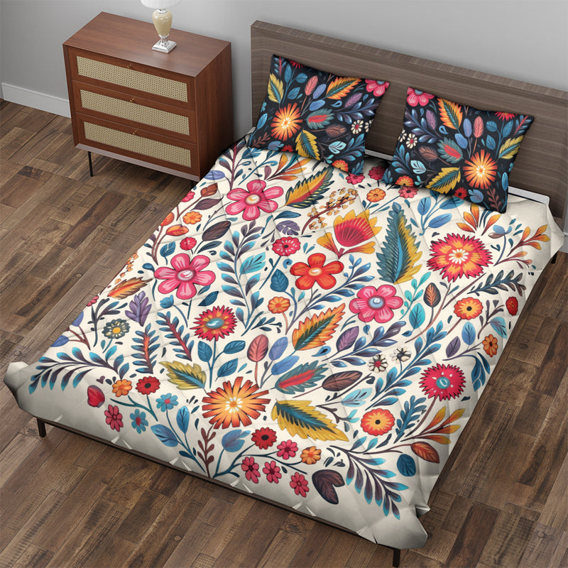 Quilted Bedding Set | Bright Colorful Vibrant Comforters | Floral Mexican Bedspreads with matching Pillowcase