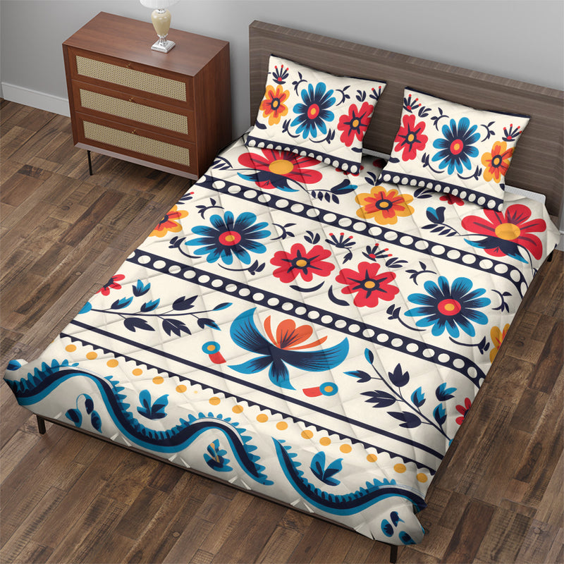 Quilted Bedding Set | Bright Colorful Floral Comforters | Vibrant Mexican Bedspreads with matching Pillowcase