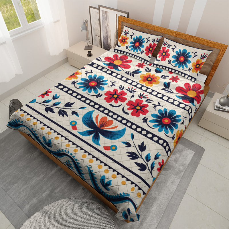 Quilted Bedding Set | Bright Colorful Floral Comforters | Vibrant Mexican Bedspreads with matching Pillowcase