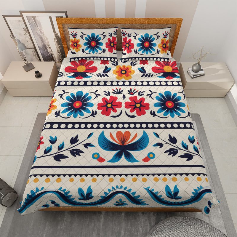 Quilted Bedding Set | Bright Colorful Floral Comforters | Vibrant Mexican Bedspreads with matching Pillowcase