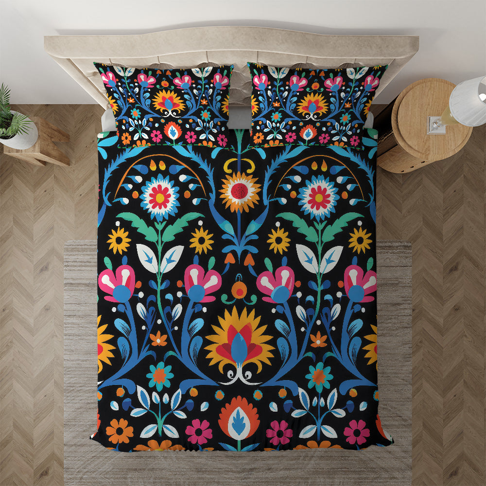 Colorful Folk Art bedding displayed at an angle on a bed