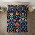 Colorful Folk Art bedding displayed at an angle on a bed