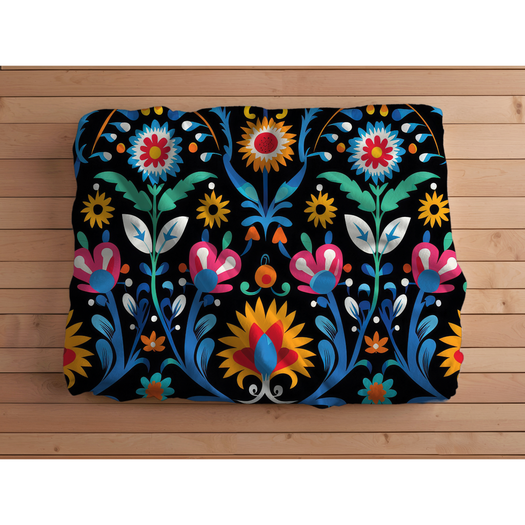 Colorful Folk Art duvet cover set folded to show printed design