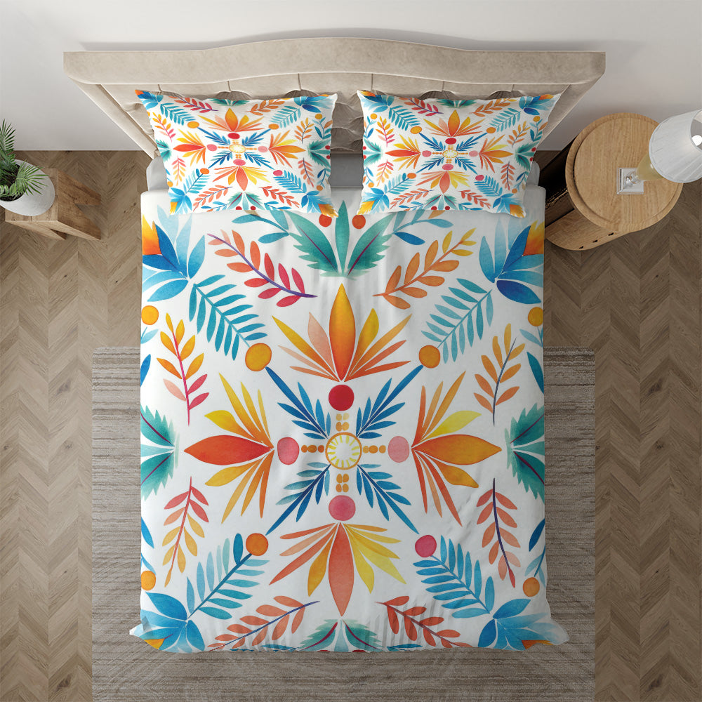 Colorful Botanical Leaf bedding displayed at an angle on a bed