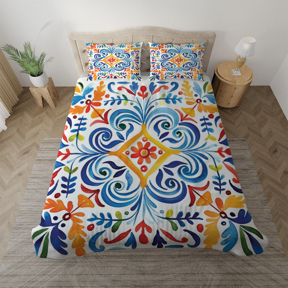Duvet cover with matching Pillow cases | Luxury Bedding set | Twin, Queen, King Sizes | Mexican Art Swirls