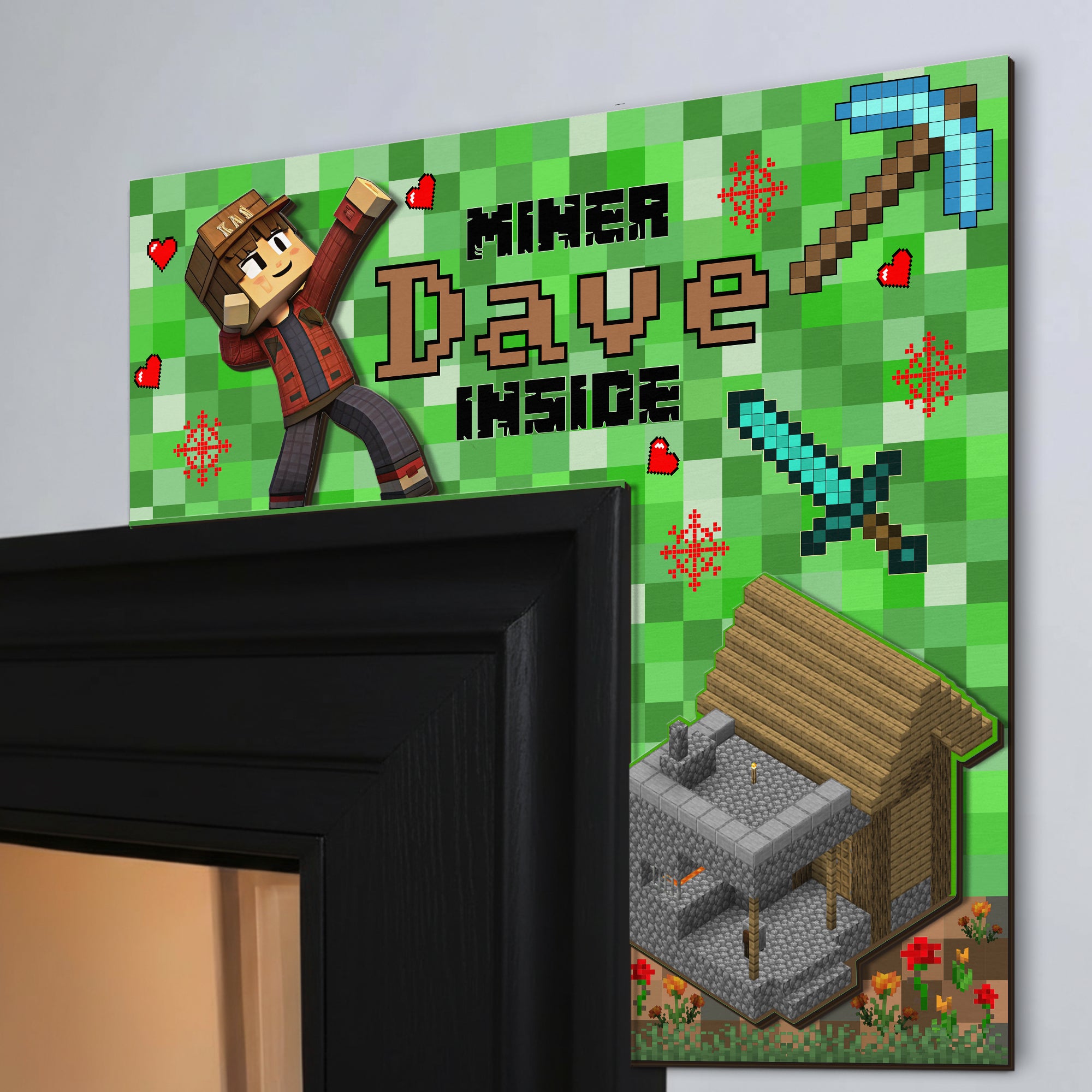 PERSONALIZED Wooden Door Corner | CUSTOM Door Topper Name Plate for KIDS | Single/Double Layer | 10” & 15” Sizes | Gaming Miners