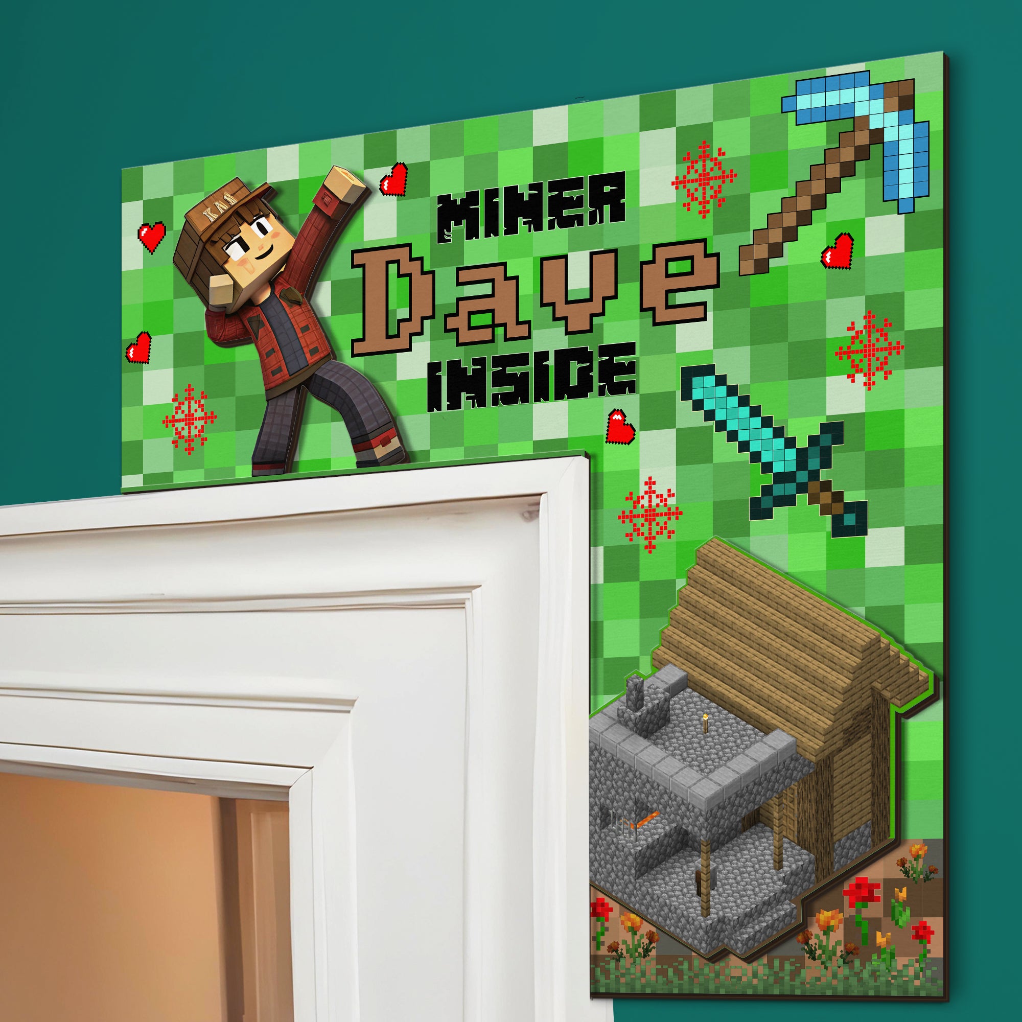 PERSONALIZED Wooden Door Corner | CUSTOM Door Topper Name Plate for KIDS | Single/Double Layer | 10” & 15” Sizes | Gaming Miners