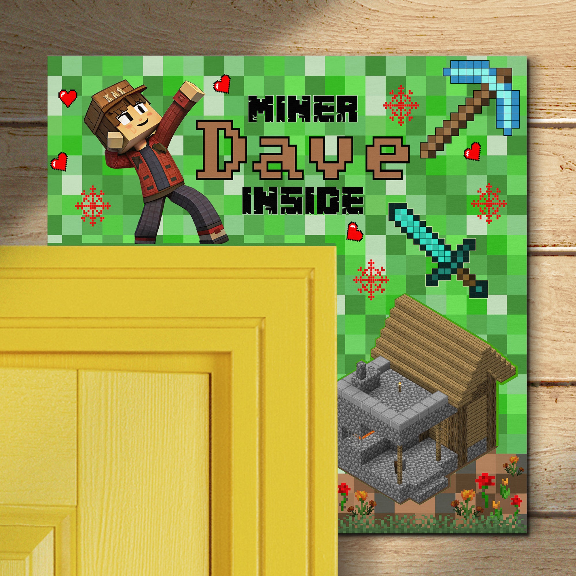 PERSONALIZED Wooden Door Corner | CUSTOM Door Topper Name Plate for KIDS | Single/Double Layer | 10” & 15” Sizes | Gaming Miners