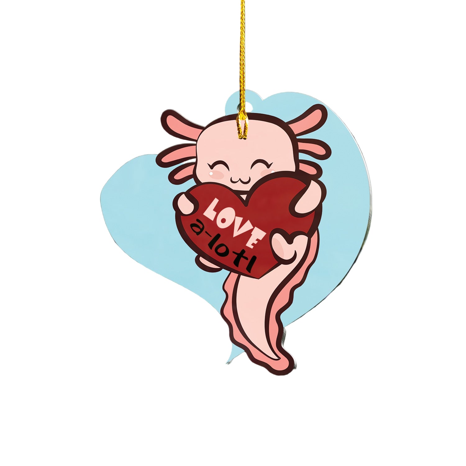 Decorative ornament with a cartoon character holding a heart with 'LOVE a lot!' text, hanging on a Christmas tree.