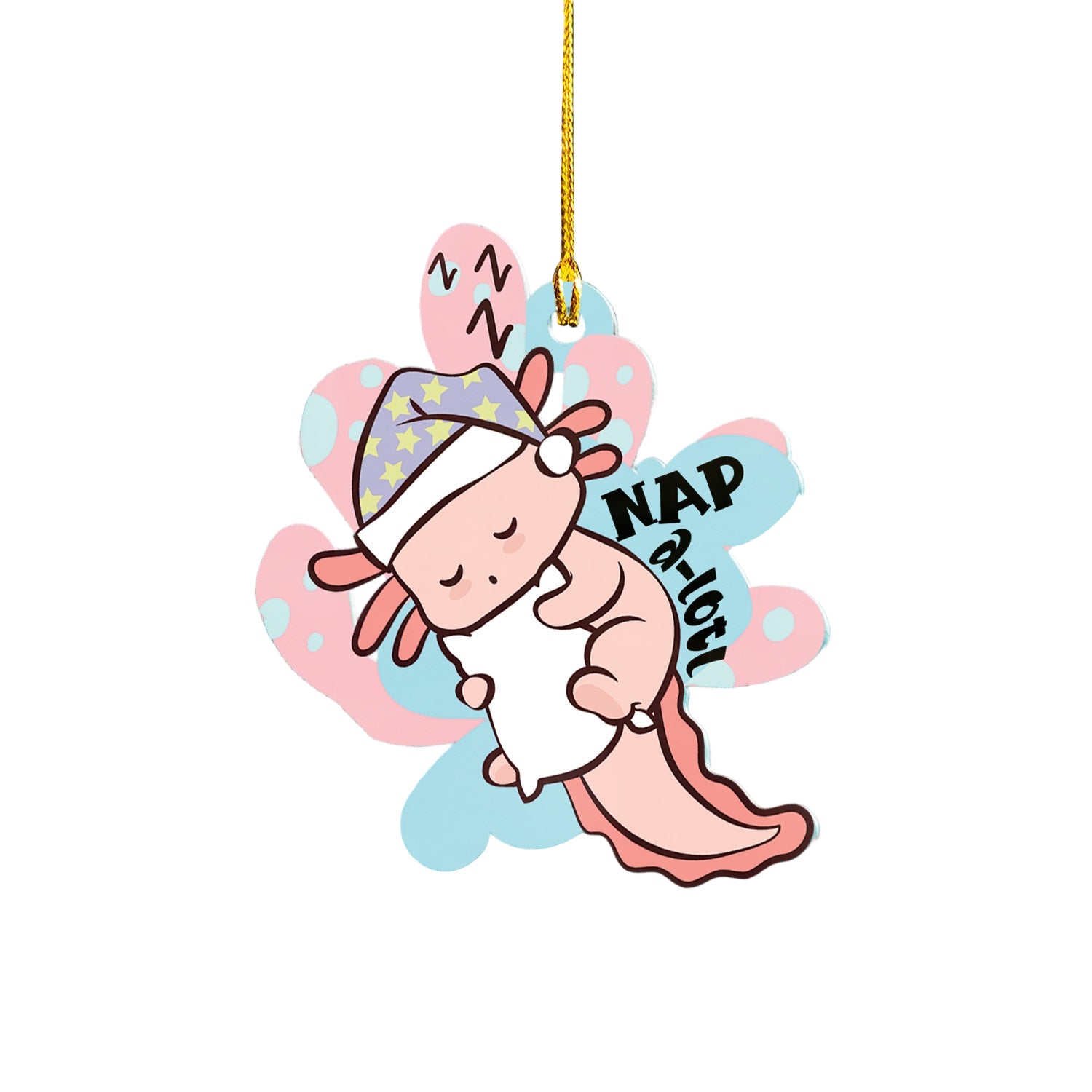 Cartoon character with 'Nap Time' text on a decorative hanging item against a wooden background.
