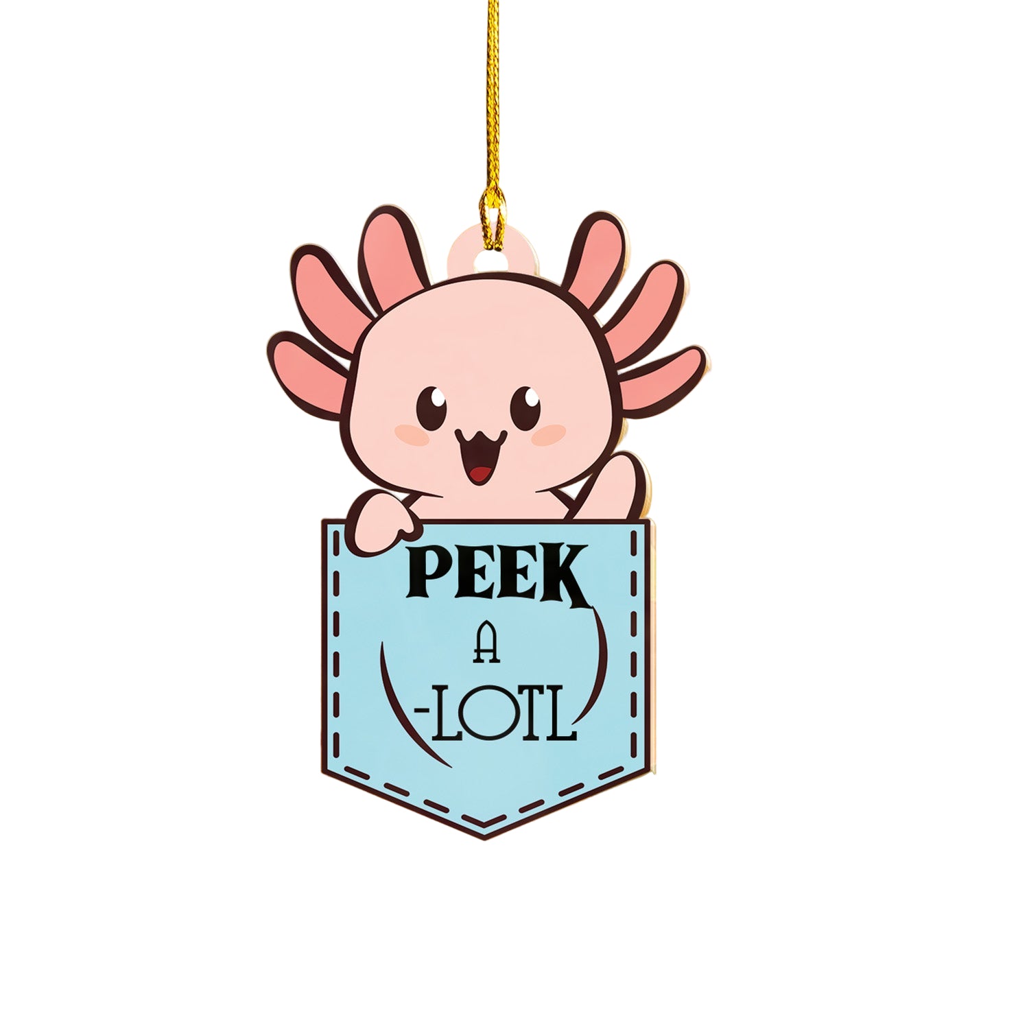 Cartoon character with 'PEEK A LOTL' tag hanging from a pumpkin against an autumn leaf background