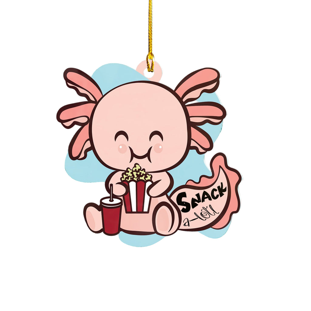 Cartoon axolotl holding a snack tray with popcorn and a drink against a wooden background