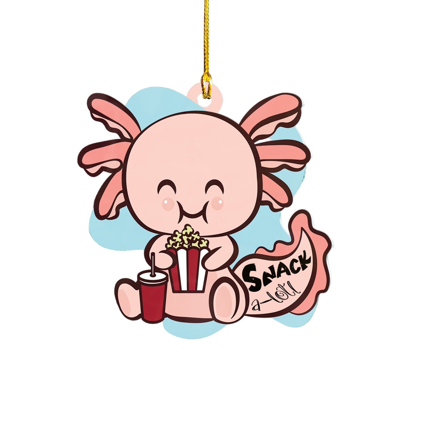 Cartoon axolotl holding a snack tray with popcorn and a drink against a wooden background