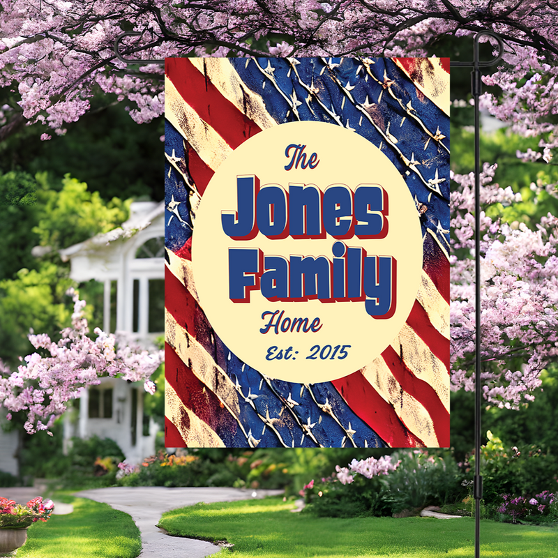 Personalized House Flag, Customized Family Last Name and Established Year, Patriotic American Garden Sign, Double Sided, Multiple Sizes, UV resistant, Polyester Garden Yard, Outdoor Decoration