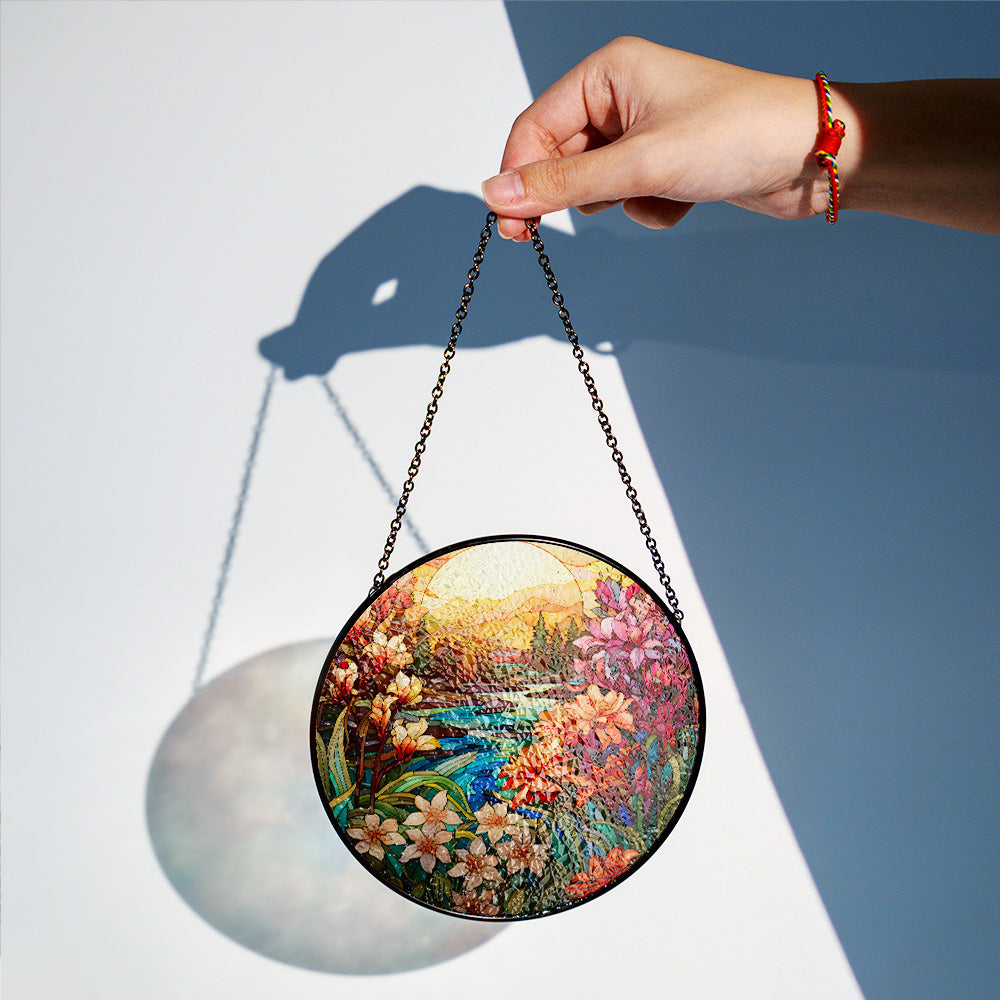 Christmas Stained Glass Suncatcher| Decorative Window Hanging | 6 Sizes | Holiday Decor Accents | Vibrant Textured | Durable Zinc Casing | Nature Sunset