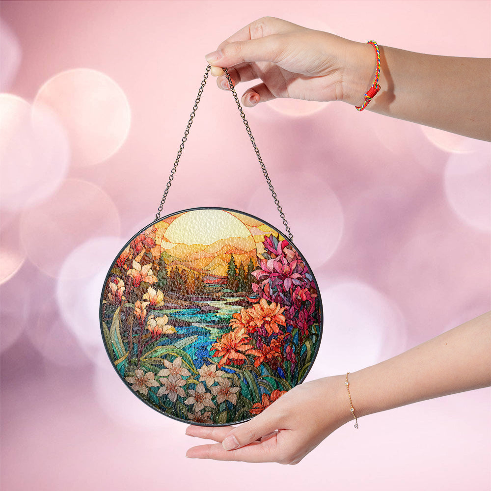 Christmas Stained Glass Suncatcher| Decorative Window Hanging | 6 Sizes | Holiday Decor Accents | Vibrant Textured | Durable Zinc Casing | Nature Sunset
