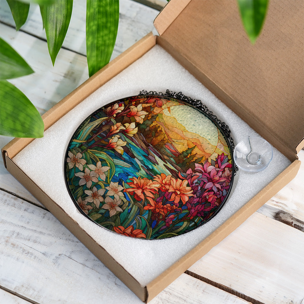 Christmas Stained Glass Suncatcher| Decorative Window Hanging | 6 Sizes | Holiday Decor Accents | Vibrant Textured | Durable Zinc Casing | Nature Sunset