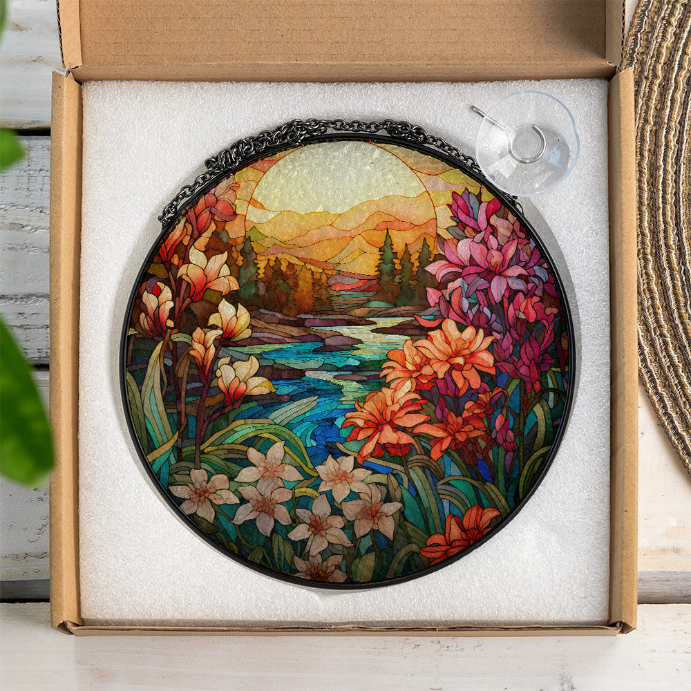 Christmas Stained Glass Suncatcher| Decorative Window Hanging | 6 Sizes | Holiday Decor Accents | Vibrant Textured | Durable Zinc Casing | Nature Sunset