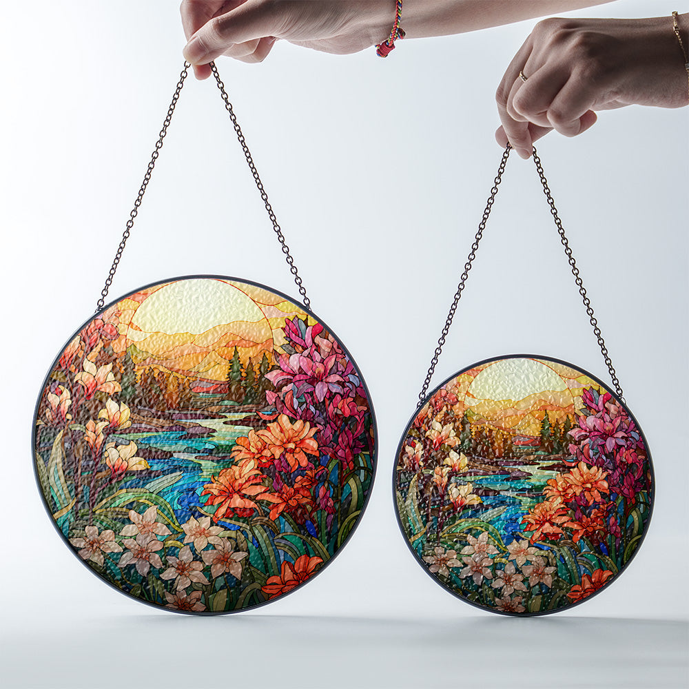 Christmas Stained Glass Suncatcher| Decorative Window Hanging | 6 Sizes | Holiday Decor Accents | Vibrant Textured | Durable Zinc Casing | Nature Sunset