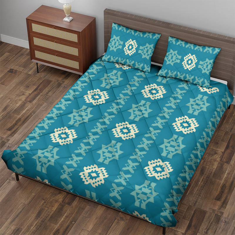 Geometric Navajo Quilted Bedding Set | Bright Boho Blue Comforters | Bedspreads with matching Pillowcase