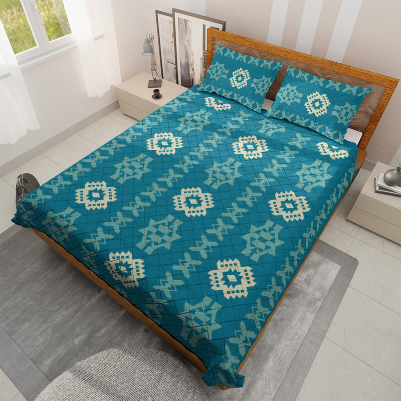 Geometric Navajo Quilted Bedding Set | Bright Boho Blue Comforters | Bedspreads with matching Pillowcase