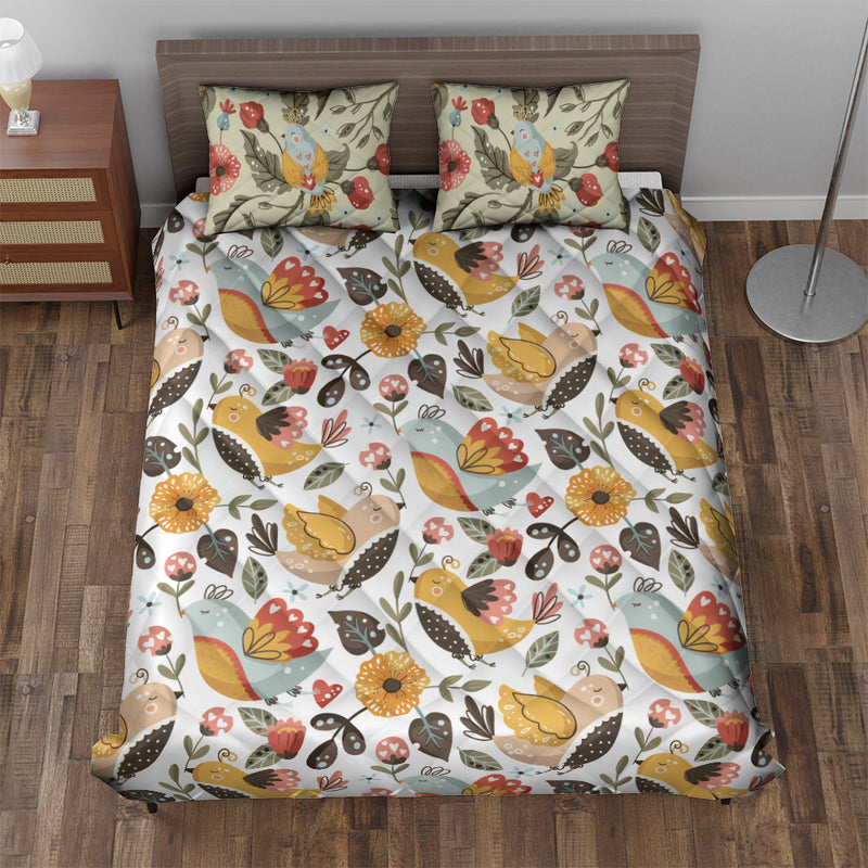 Quilted Bedding Set | Floral Scandinavian Comforters | Cute Birds Bedspreads with matching Pillowcase