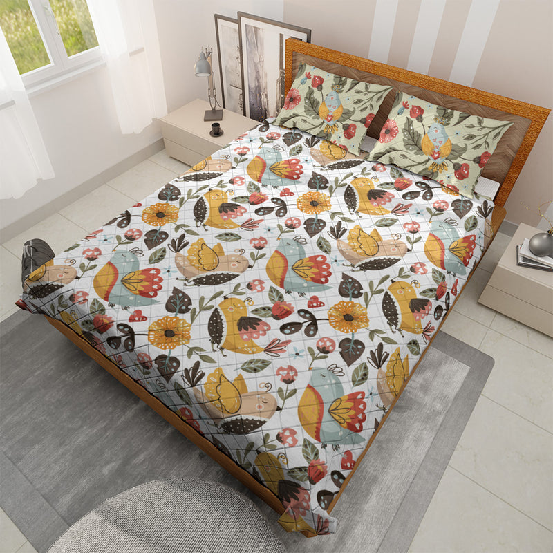 Quilted Bedding Set | Floral Scandinavian Comforters | Cute Birds Bedspreads with matching Pillowcase