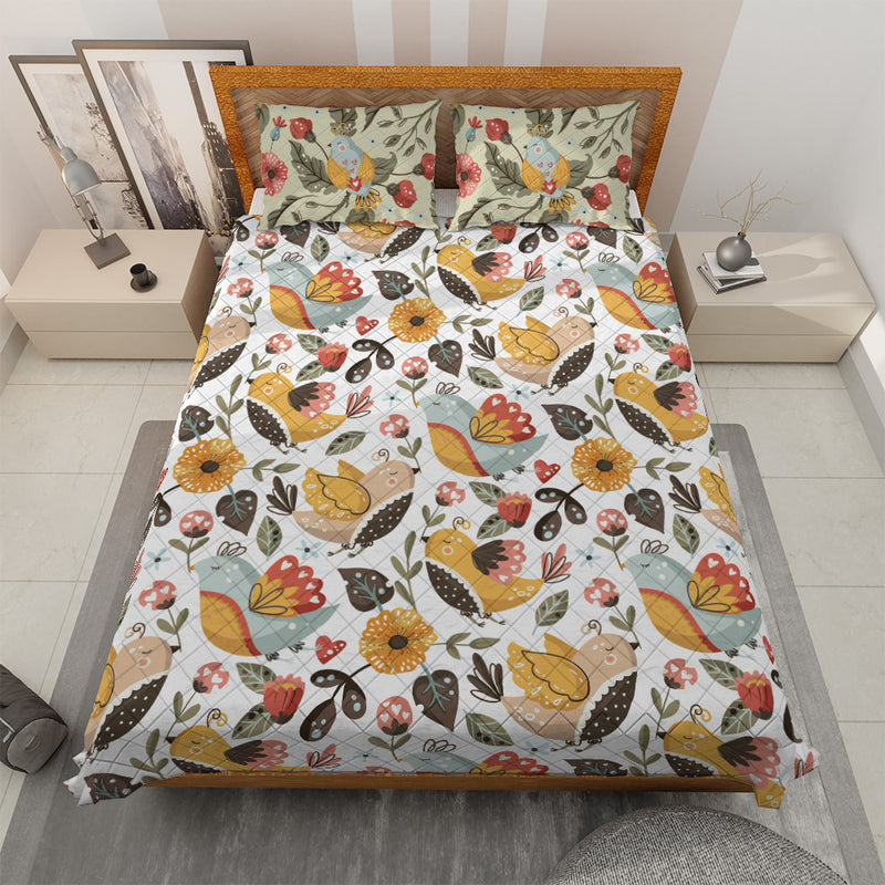 Quilted Bedding Set | Floral Scandinavian Comforters | Cute Birds Bedspreads with matching Pillowcase