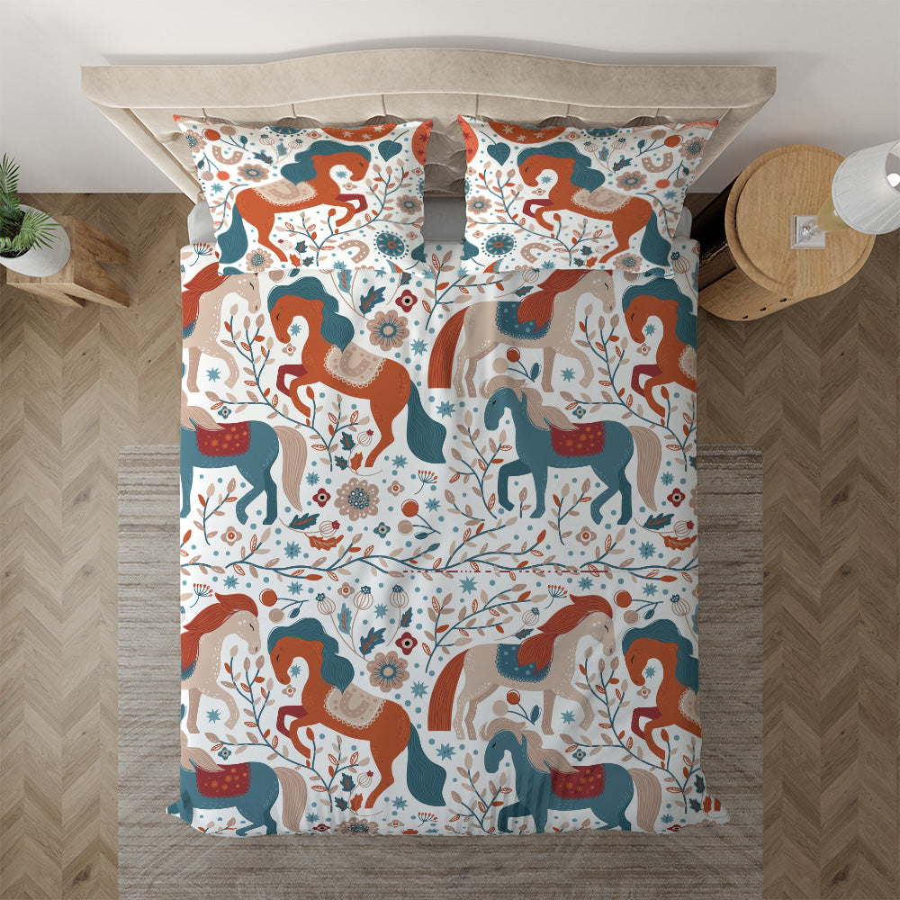 Scandinavian Horse bedding displayed at an angle on a bed