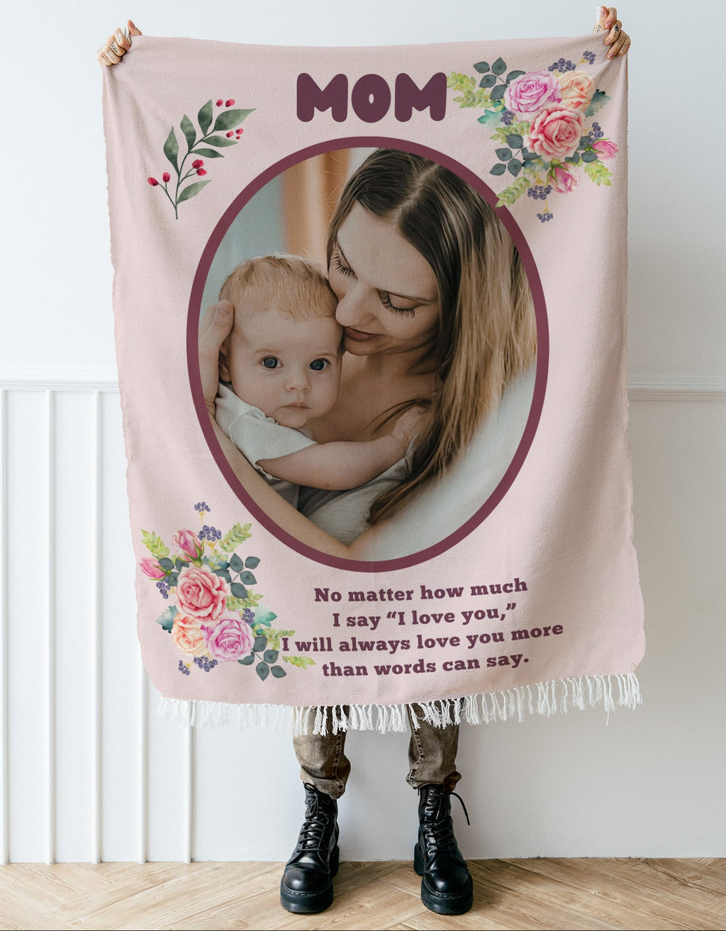Personalized photo blanket for Mom in 52 by 37 inch size