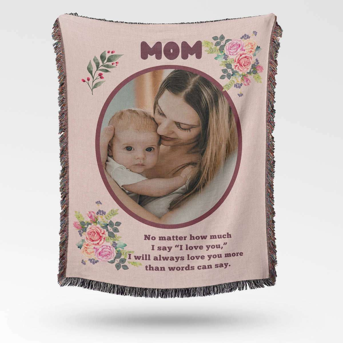 Personalized photo blanket for Mom with floral design and heartfelt message