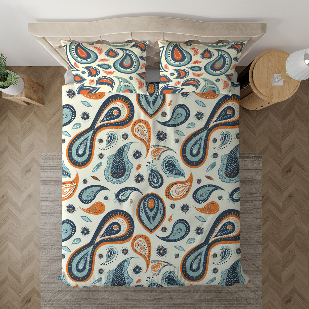 Soft Pastel Paisley bedding displayed at an angle on a bed
