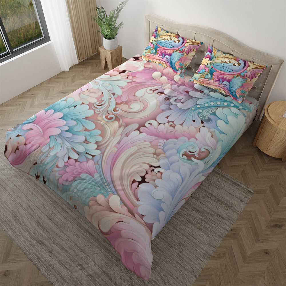 Pastel Pink Paisley bedding displayed at an angle on a bed
