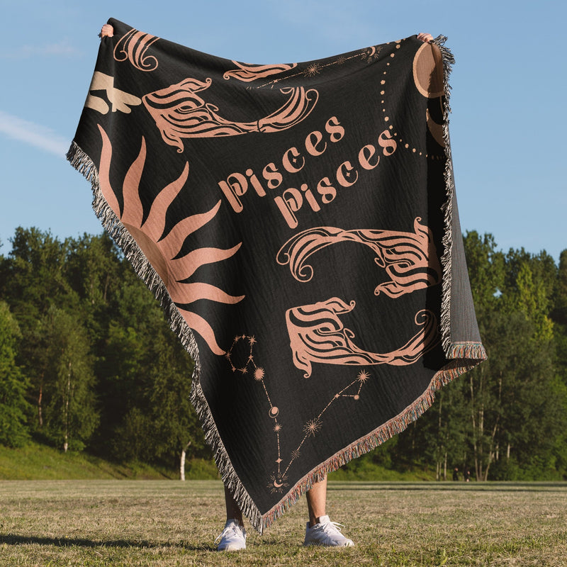 Pisces and Pisces Zodiac Compatibility Woven Throw Tapestry - Elevate home decor with this boho-inspired, celestial charm blanket. Perfect for astrology enthusiasts, featuring Libra and Sagittarius sun signs, adding unique, artistic flair to your living space. Premium cotton, cozy, and decorative.