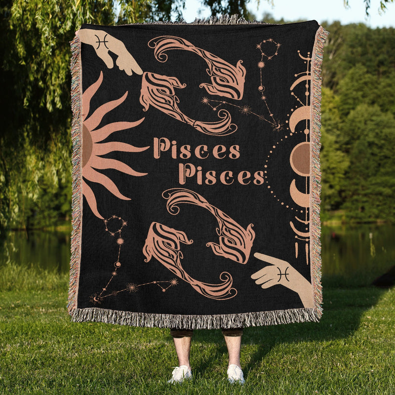 Pisces and Pisces Zodiac Compatibility Woven Throw Tapestry - Elevate home decor with this boho-inspired, celestial charm blanket. Perfect for astrology enthusiasts, featuring Libra and Sagittarius sun signs, adding unique, artistic flair to your living space. Premium cotton, cozy, and decorative.