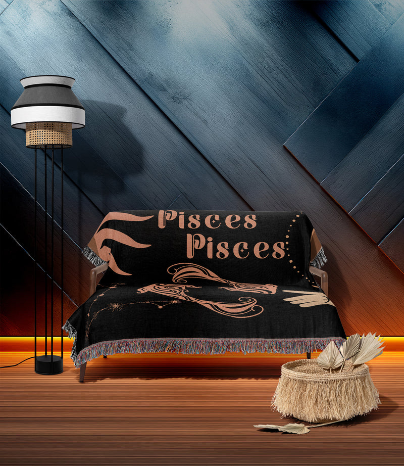 Pisces and Pisces Zodiac Compatibility Woven Throw Tapestry - Elevate home decor with this boho-inspired, celestial charm blanket. Perfect for astrology enthusiasts, featuring Libra and Sagittarius sun signs, adding unique, artistic flair to your living space. Premium cotton, cozy, and decorative.