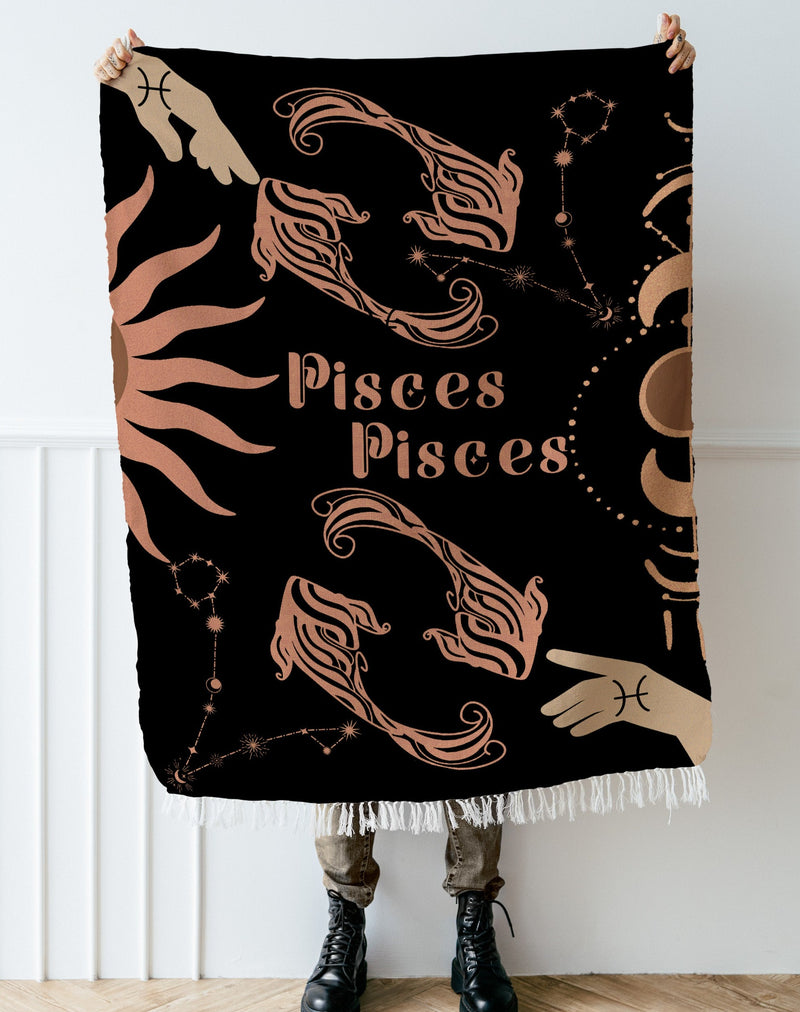 Pisces and Pisces Zodiac Compatibility Woven Throw Tapestry - Elevate home decor with this boho-inspired, celestial charm blanket. Perfect for astrology enthusiasts, featuring Libra and Sagittarius sun signs, adding unique, artistic flair to your living space. Premium cotton, cozy, and decorative.