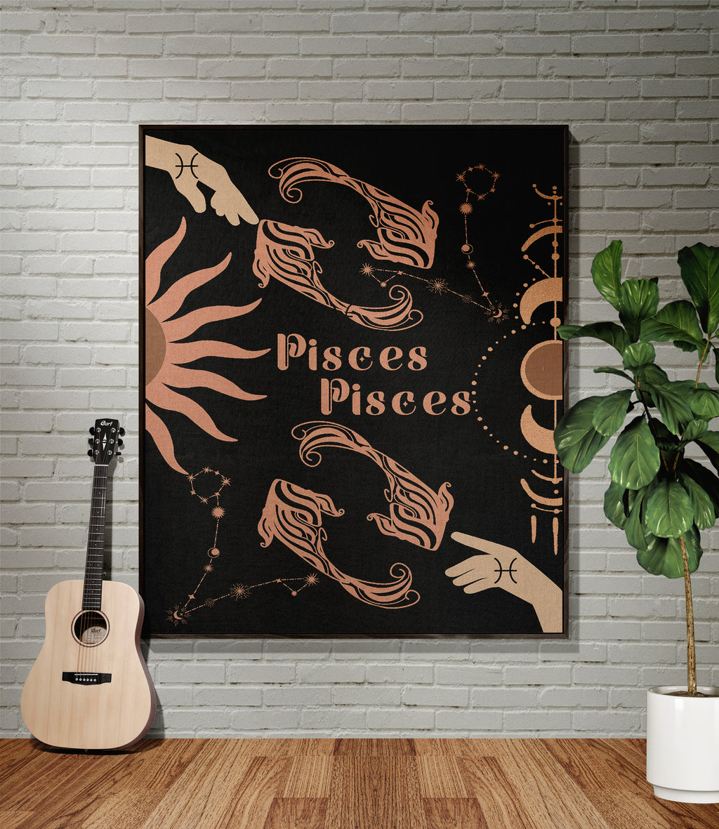 Pisces and Pisces Zodiac Compatibility Woven Throw Tapestry - Elevate home decor with this boho-inspired, celestial charm blanket. Perfect for astrology enthusiasts, featuring Libra and Sagittarius sun signs, adding unique, artistic flair to your living space. Premium cotton, cozy, and decorative.